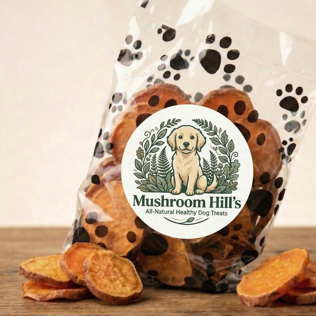8 oz bag of Mushroom Hill's Chews sweet potato dog treats